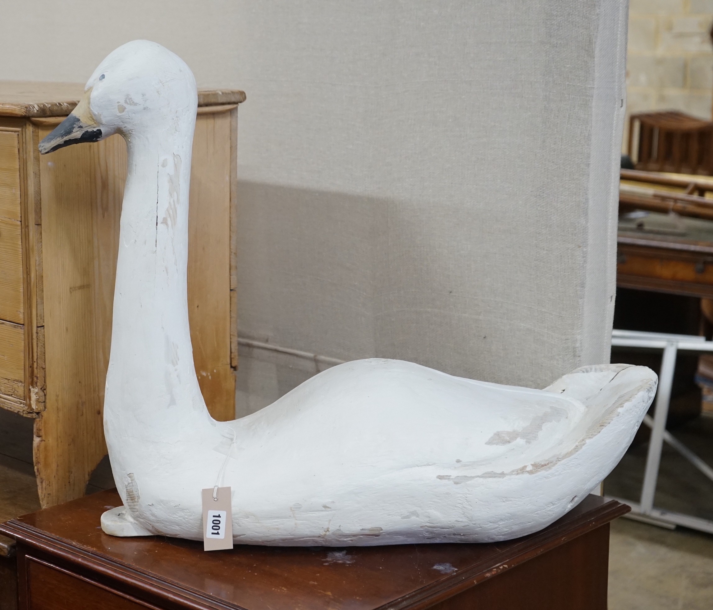 A vintage carved, painted wood swan uppers decoy, length 70cm, height 59cm
